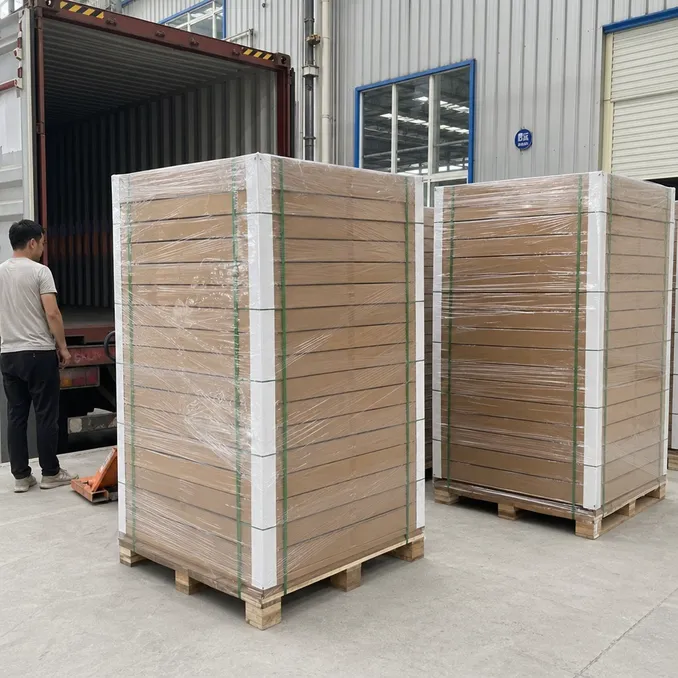Palletized gym SPC flooring cartons with edge protection strips ready for container loading