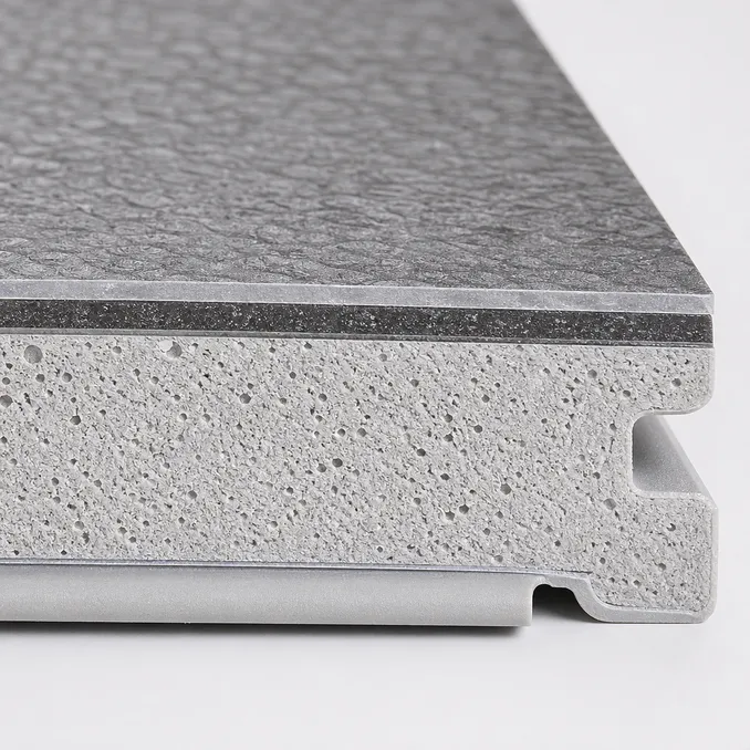 Cross-section of gym SPC core showing high-density calcium carbonate matrix formulation