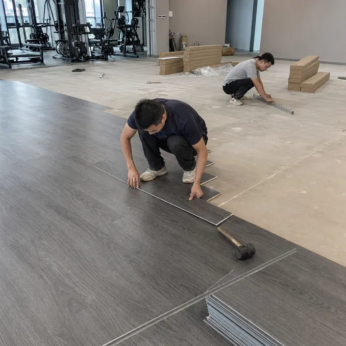Commercial gym SPC flooring installation showing click-lock system and subfloor preparation for fitness center fit-out
