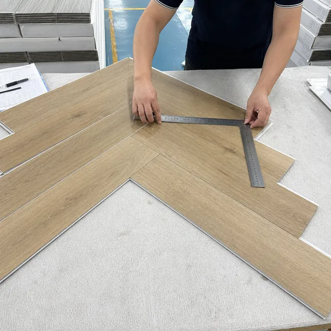 6-plank herringbone panel assembly being measured at 90-degree intersections during quality control inspection