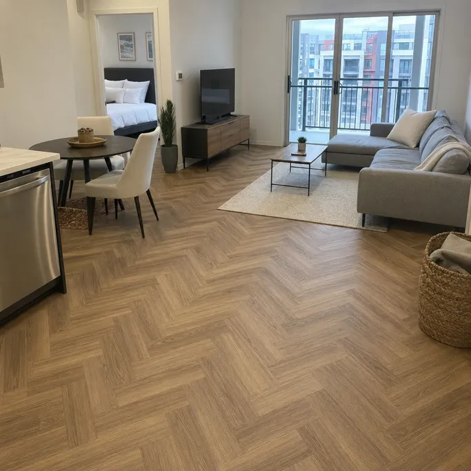 Herringbone SPC flooring in a multi-family rental apartment unit