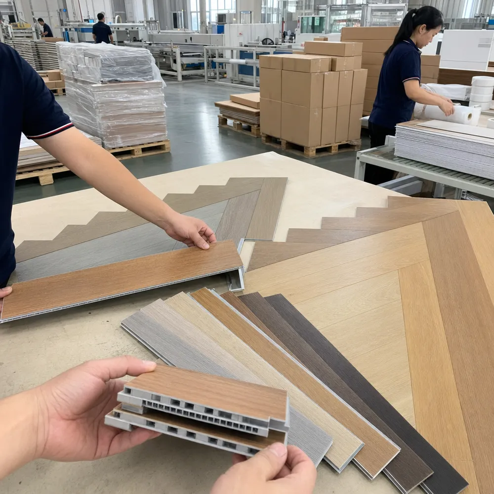 Herringbone SPC OEM customization — décor films, core thickness options, and private-label packaging at Elefloor factory