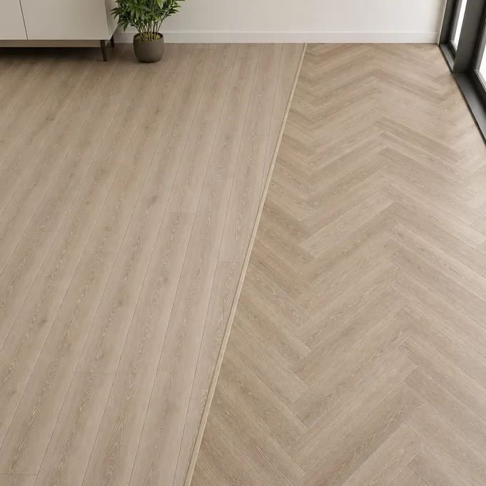 Herringbone SPC pattern versus standard straight-plank SPC — visual comparison showing the V-pattern installation