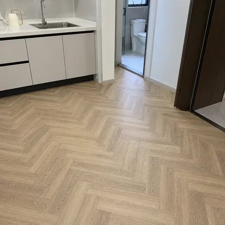 Waterproof SPC flooring installed in a kitchen or bathroom wet-adjacent space