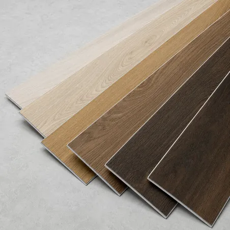 Wood-look SPC flooring planks in various oak and walnut décors