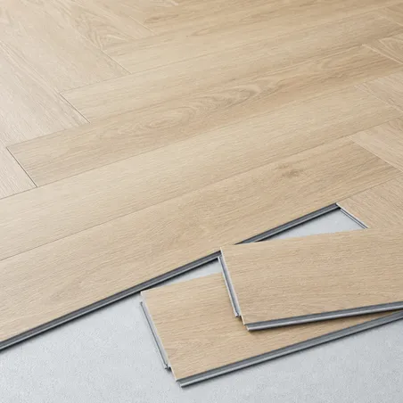 Herringbone SPC flooring with precision-milled click-lock profiles for tool-free installation