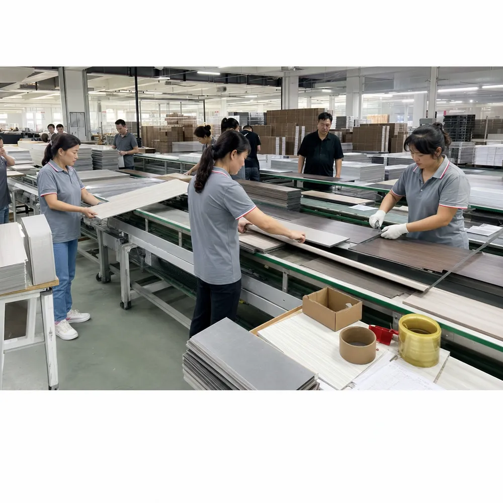 SPC flooring quality control inspection line at Elefloor factory