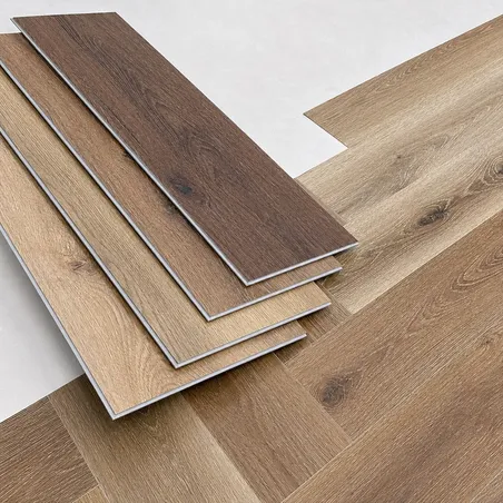 Wood-look SPC flooring with embossed-in-register oak and walnut textures