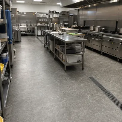 Commercial restaurant kitchen with R11 rated SPC flooring