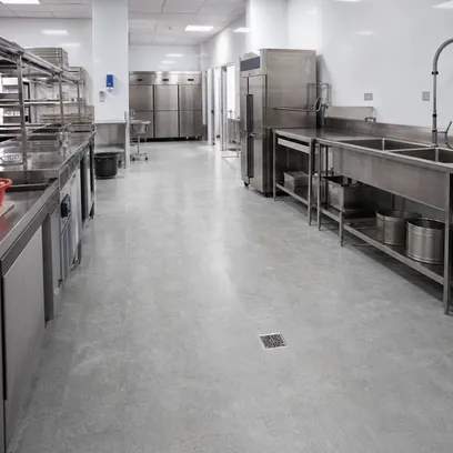 Institutional healthcare facility kitchen with certified SPC flooring