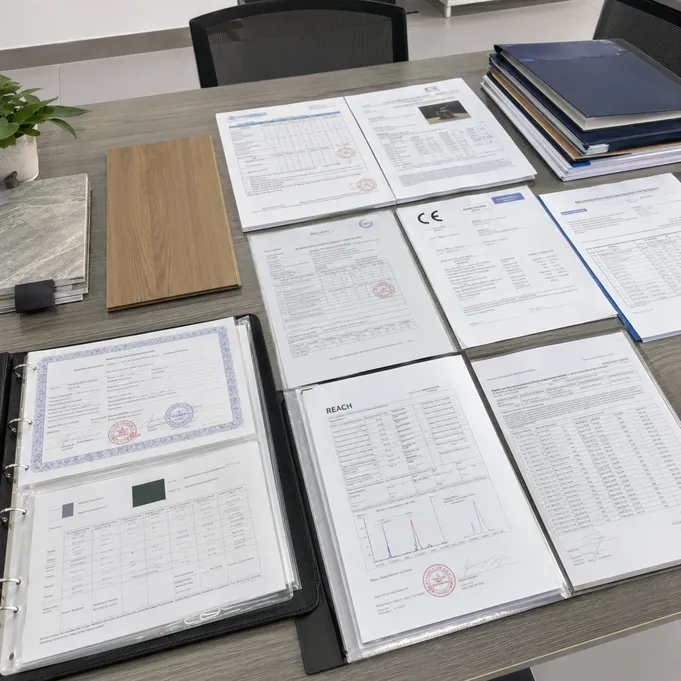 Kitchen SPC flooring certification documents including FloorScore, CE, and REACH compliance