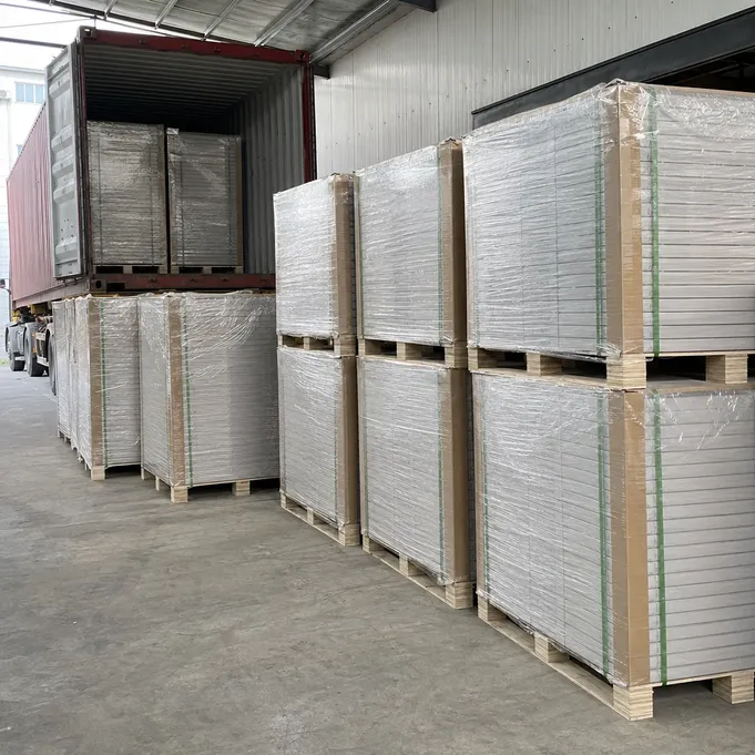 Kitchen SPC flooring pallets with moisture barrier wrapping ready for container loading