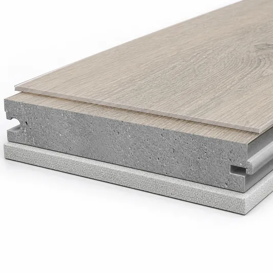 Cross-section of kitchen SPC flooring showing 0.5mm wear layer, rigid stone polymer core, and IXPE underlayment
