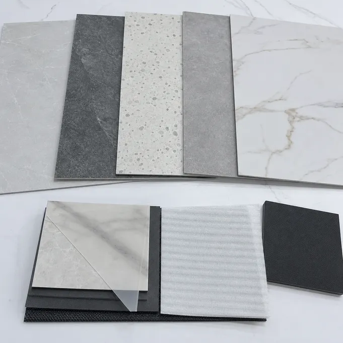 Kitchen SPC flooring décor samples including marble, slate, and terrazzo patterns for OEM customization
