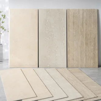 Beige and warm stone SPC flooring patterns including Crema Marfil, Botticino and travertine