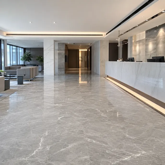 Marble SPC flooring installed in a commercial lobby and reception area