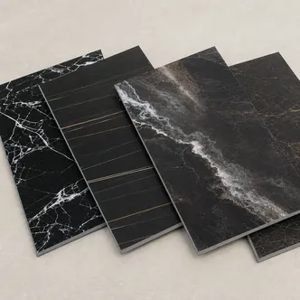 Dark and dramatic marble SPC flooring patterns including Nero Marquina, Sahara Noir and dark onyx