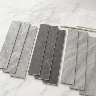 Grey marble SPC flooring patterns including Bardiglio, Pietra Grey and Silver Wave
