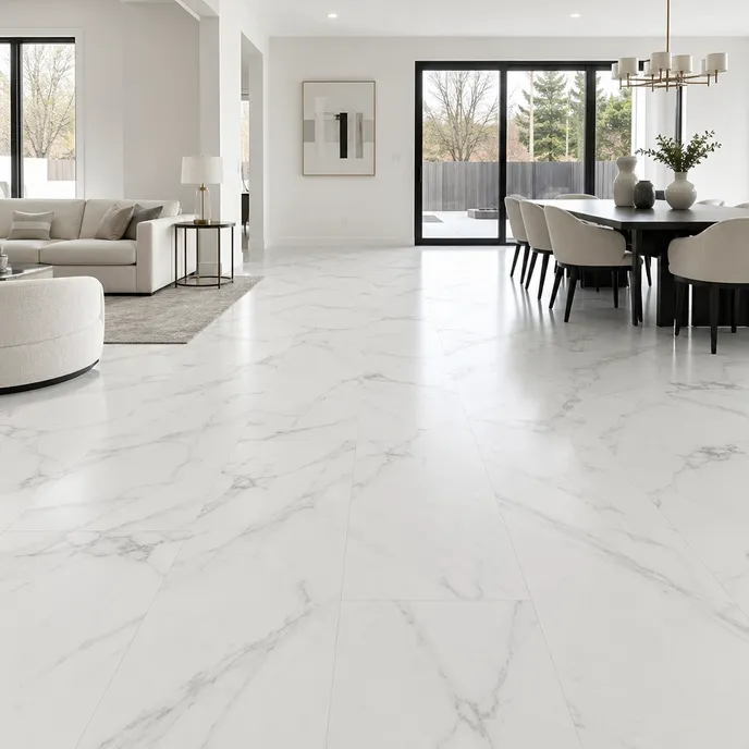 Calacatta and Carrara marble SPC flooring in high-end residential renovation