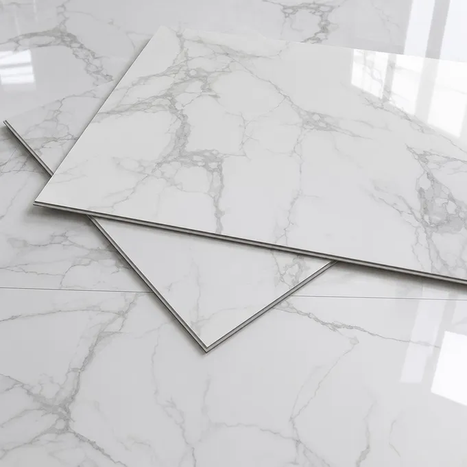 Marble SPC flooring in high-gloss Calacatta finish — rigid core stone-look vinyl tile