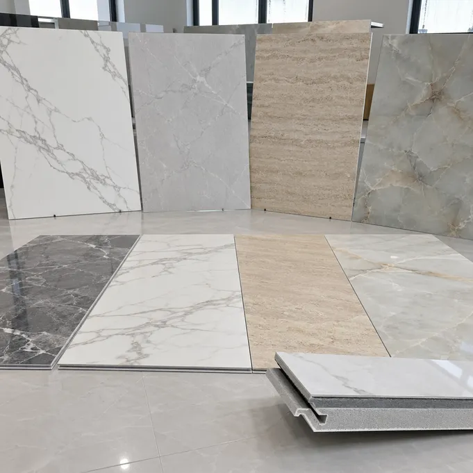 Marble SPC flooring tile format showing stone-look décor film on rigid core composite