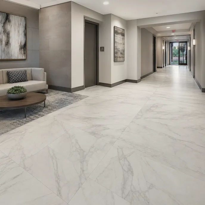Marble SPC flooring in apartment complex lobby and hallway common areas