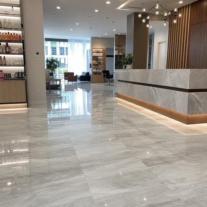 High-gloss marble SPC flooring in a retail store and hospitality fit-out