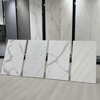 White marble SPC flooring patterns including Calacatta, Carrara, Statuario and Volakas