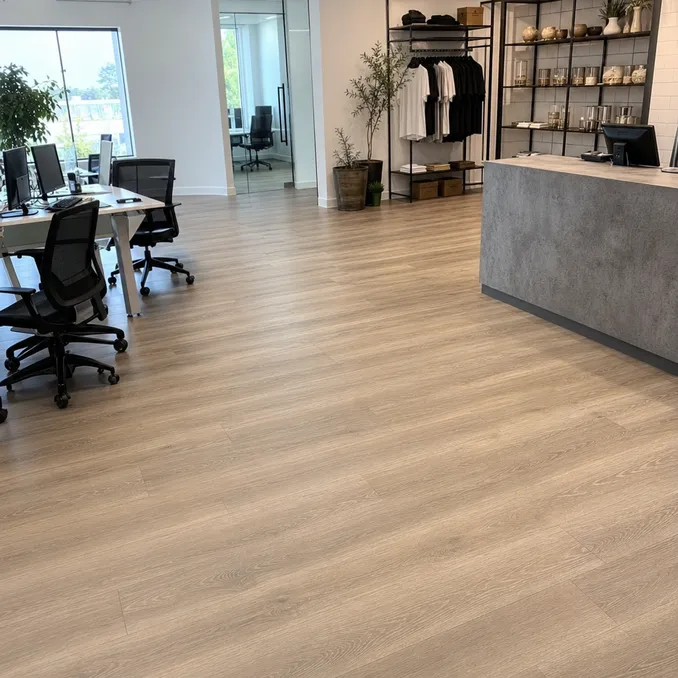 Waterproof SPC flooring in commercial office and retail interior — 5mm-6mm core with 0.5mm wear layer