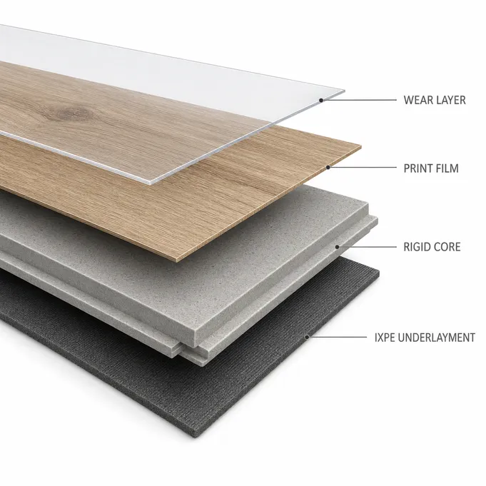 Cross-section diagram of waterproof SPC flooring layers — wear layer, print film, rigid core, and IXPE underlayment