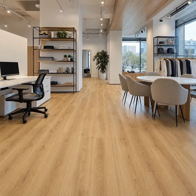 Wood-look SPC flooring in a commercial office and retail fit-out