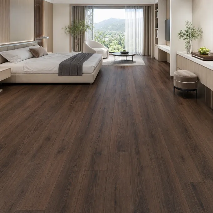 Dark walnut SPC flooring — rich deep brown tones for premium residential and hospitality