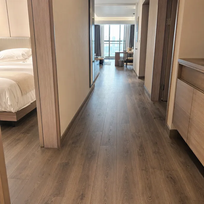 Wood SPC flooring in a hotel corridor and serviced apartment