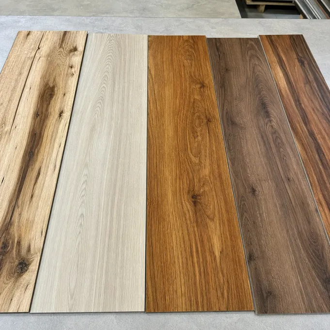Specialty wood SPC flooring décors — hickory, ash, teak, and acacia reproductions