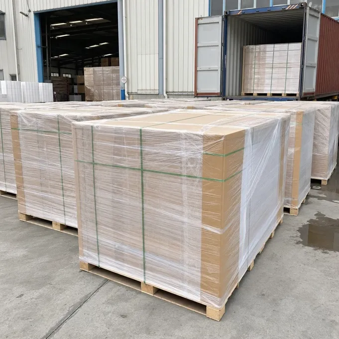 Wood SPC flooring pallets prepared for container loading with moisture barrier wrapping