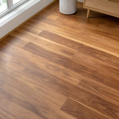 Acacia veneer SPC flooring — dramatic grain movement with warm amber tones