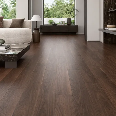 American walnut veneer SPC flooring — rich chocolate-brown tones