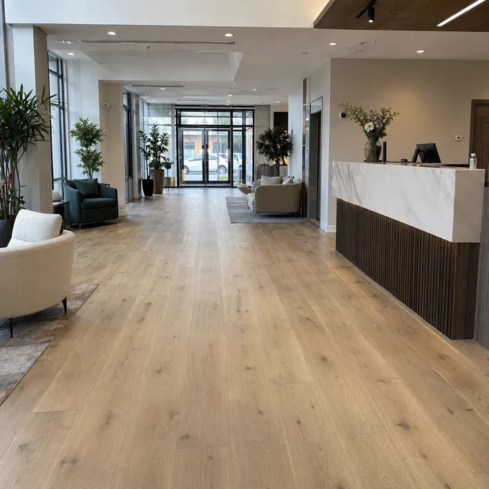 Boutique hotel lobby with real oak hardwood SPC flooring — waterproof and commercial-grade