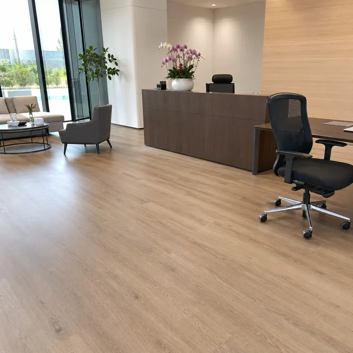 High-end commercial office reception area with hardwood SPC flooring — rolling chair rated