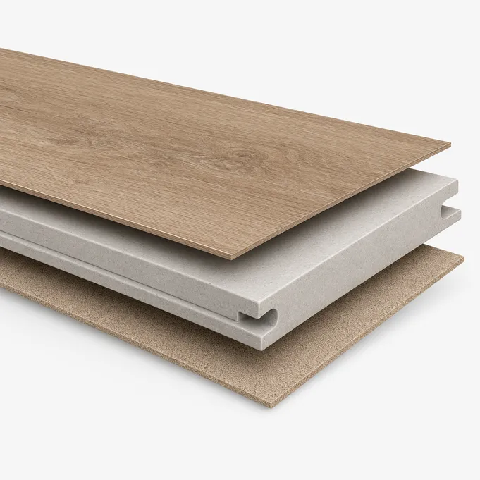 Cross-section diagram of hardwood SPC flooring showing wood veneer, SPC core, and underlayment layers
