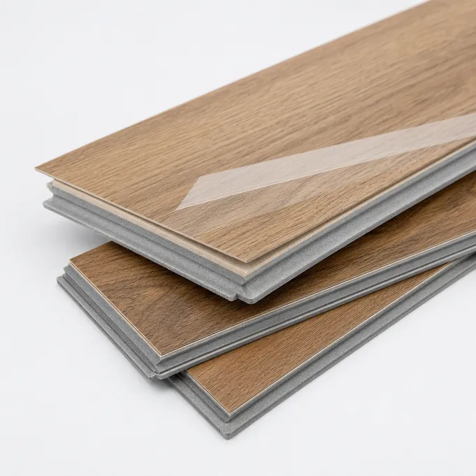 Hardwood SPC flooring showing real wood veneer face layer bonded to waterproof SPC core