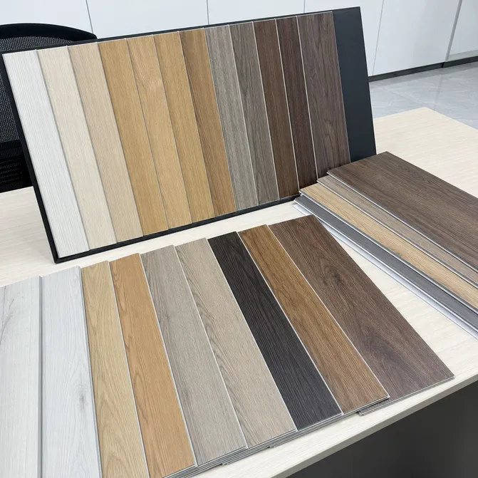 Hardwood SPC flooring sample set showing multiple veneer species and finishes for buyer evaluation