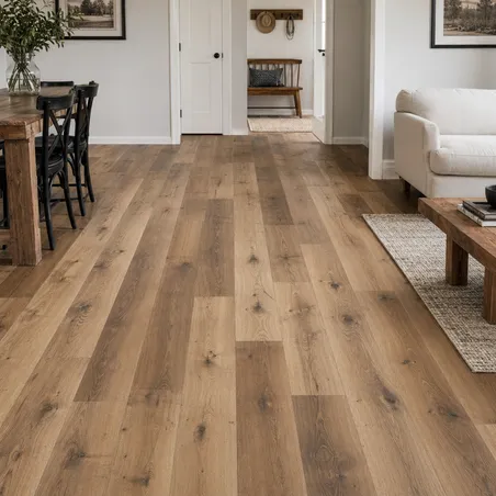 Hickory veneer SPC flooring — bold varied grain with farmhouse character
