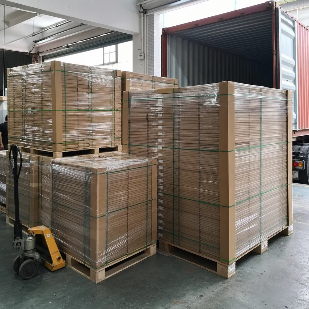 Hardwood SPC flooring cartons palletized and ready for container loading at Elefloor factory
