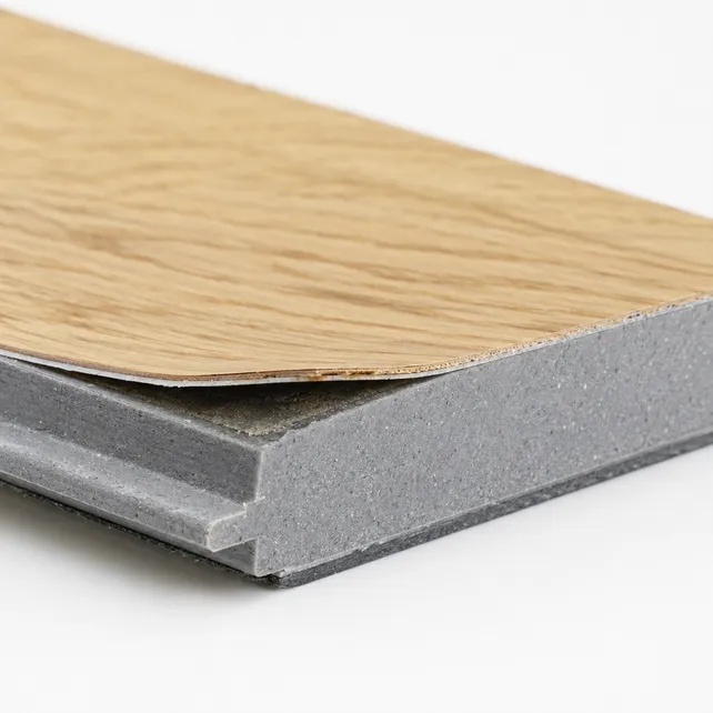 Cross-section showing wood veneer bonded to SPC core — material mismatch challenge