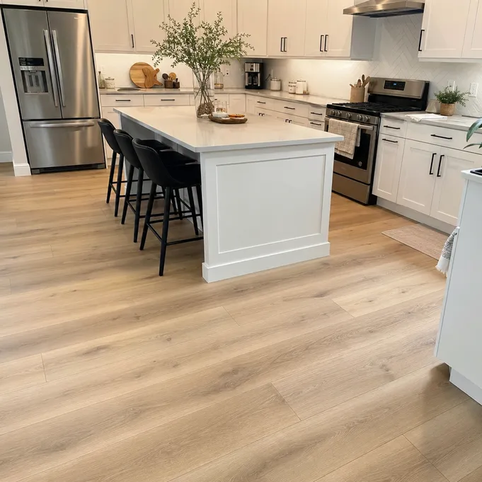 Hardwood SPC flooring installed in a kitchen — waterproof veneer surface over SPC core