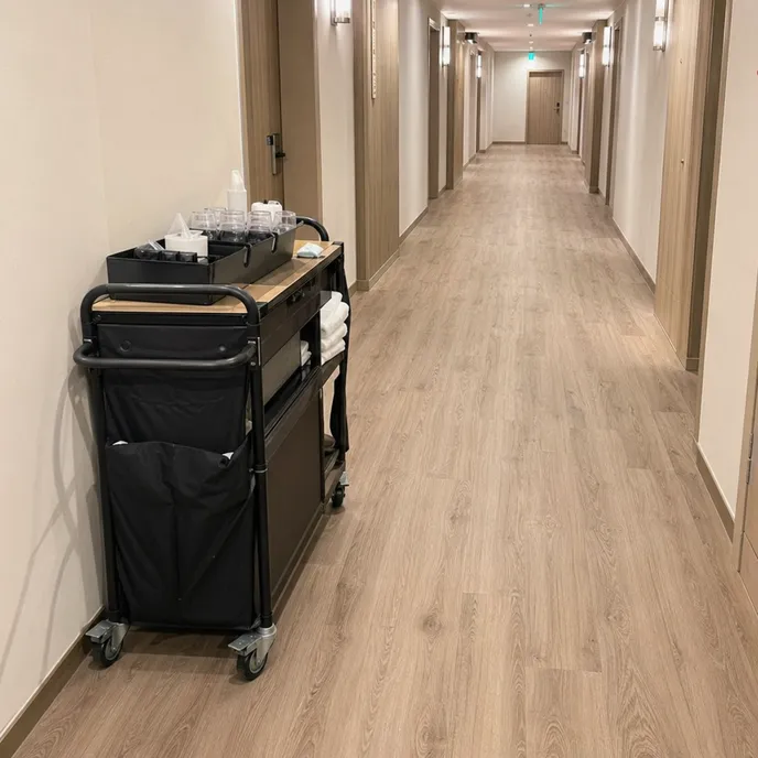 Boutique hotel corridor with waterproof hardwood SPC flooring