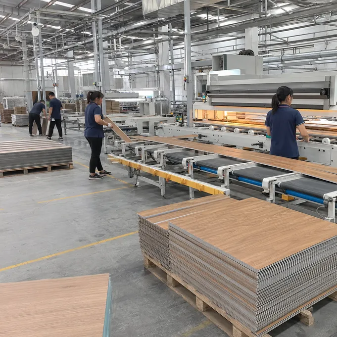 Private label wood veneer SPC flooring production line at Elefloor factory
