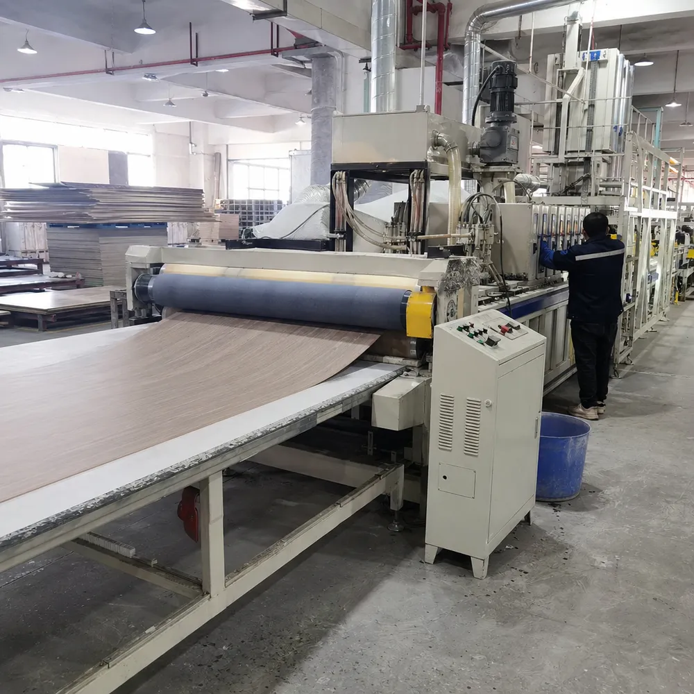 PUR hot-melt lamination line for wood veneer SPC flooring bonding process at Elefloor factory