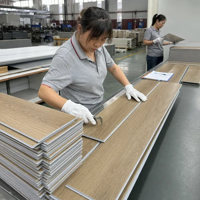 Quality control inspection of wood veneer SPC flooring at Elefloor production facility